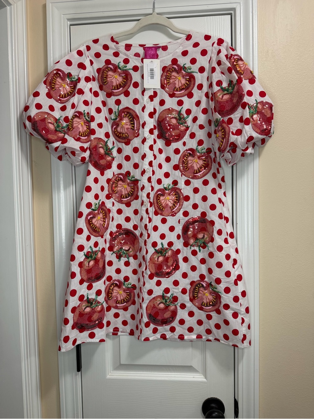 QUEEN OF SPARKLES White and Red Polka Dot Dress with Sequin tomato dress